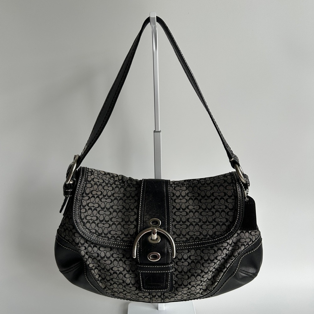 Coach Soho Flap Black Grey Signature Canvas Leather Shoulder Bag F10926 Good